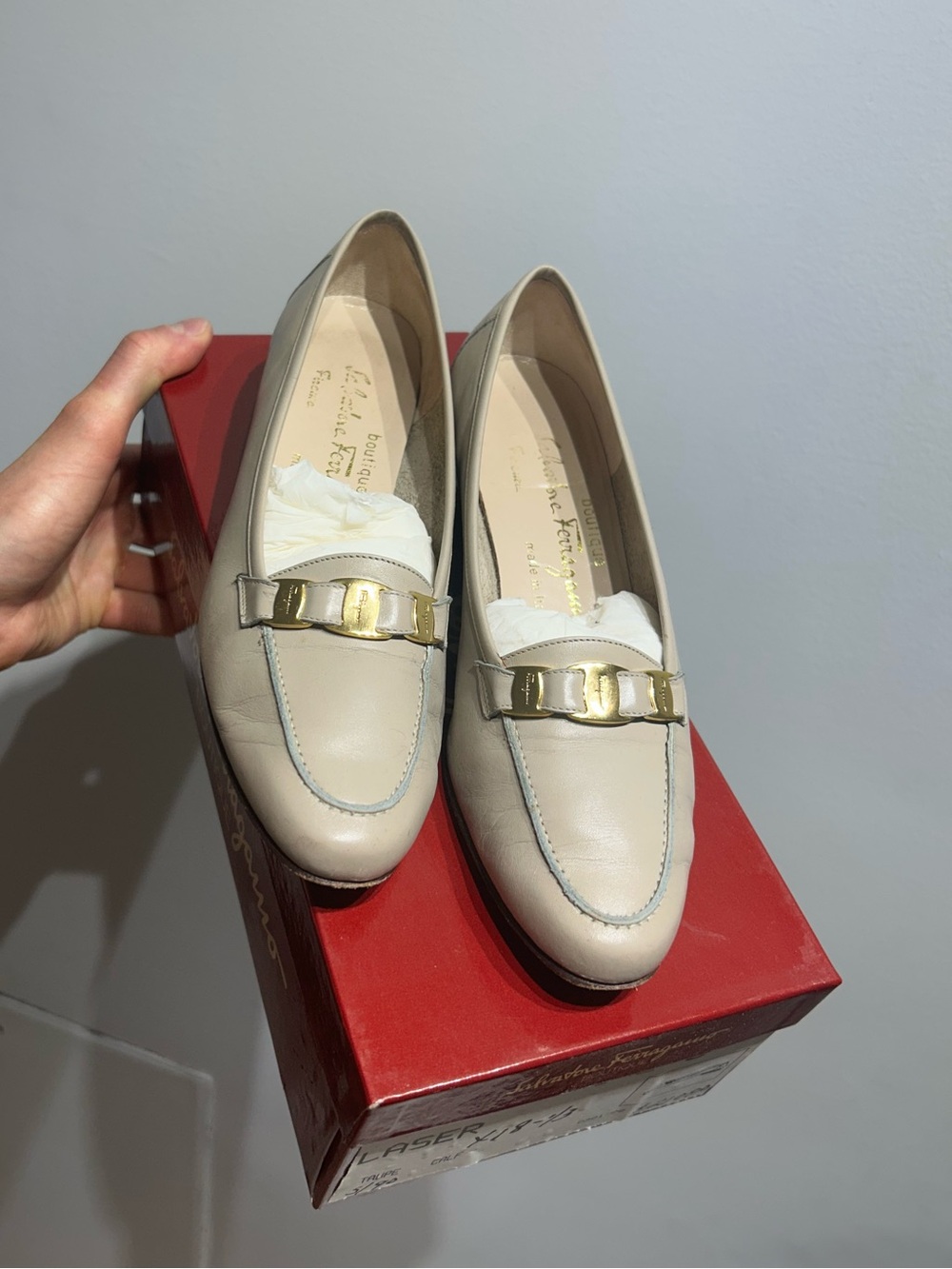Ferragamo pumps loafers Size 6 1/2 with logo plaques on heel